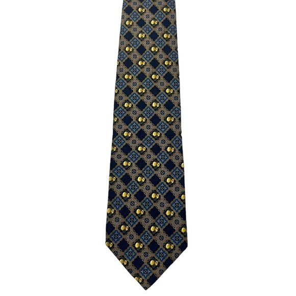 Valentino Cravatte Vintage Men’s Sil Tie Italy Blue Gold Geometric Pattern - Picture 2 of 10